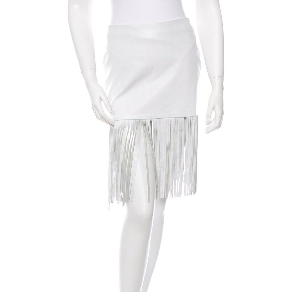 ThePerfext white leather fringe skirt